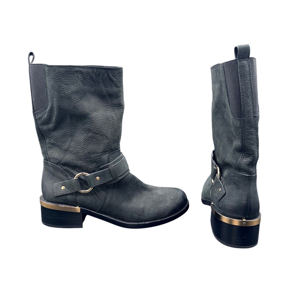 Vince Camuto Wellery Boots 8 Black Leather Moto Biker Harness Gold Hardware